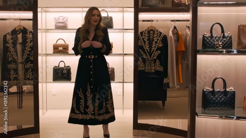 Woman in black dress with gold detailing stands in a bright, modern closet filled with handbags and clothing