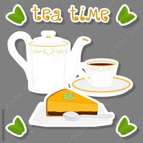 Teakettle for tasty tea with sweet dessert cheesecake,