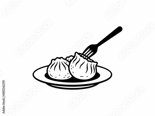Dumplings or gyoza served on a plate with fork line art illustration