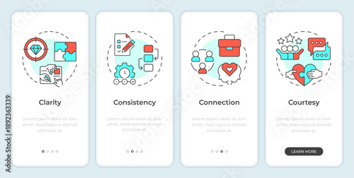 The 4 C of communication onboarding mobile app screen. Workflow structure. Walkthrough 4 steps editable graphic instructions with linear concepts. UI, UX, GUI. Montserrat SemiBold, Regular fonts used
