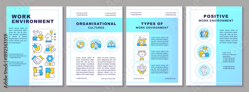 Work environment brochure layout. HR policy. Employees organization. Team achievement. Leaflet advertising design with color line icons. Editable 4 pages. Arial-Black, Myriad Pro-Regular fonts used