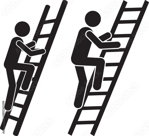 Stick figures silhouette climb up ladder in black