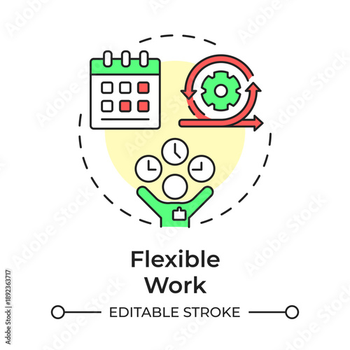 Flexible work multi color concept icon. Workflow organization, time management. Employee tasks. Round shape line illustration. Abstract idea. Graphic design. Easy to use in presentation, article