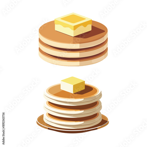 Stack of Fluffy Pancakes with Butter Flat Vector
