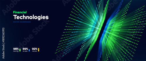 Financial Technology Background With Flowing Green Data Lines Symbolizing Fintech Innovation, Big Data, And Digital Stack Systems For Data Visualisation. Financial Technologies. Vector Illustration.