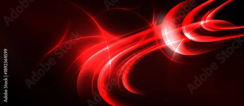 Abstract red lines, curves, glows dominate black background. Dynamic energy radiates from central point, creating visual impact.