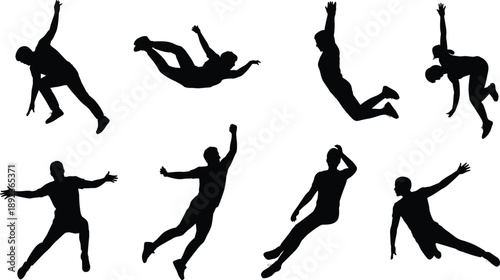 Action silhouettes of rock climbers in various poses, including bouldering, rappelling, and rope climbing, representing extreme sports and outdoor adventure.