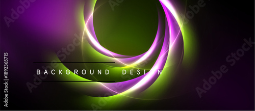 Abstract vibrant swirls, purple, green hues dominate. Dark background emphasizes glowing curves, text reads background design. Modern, dynamic visual.