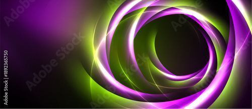 Abstract swirls, vibrant purple, green hues dominate. Dynamic energy radiates from central vortex, dark background contrasts bright lines.