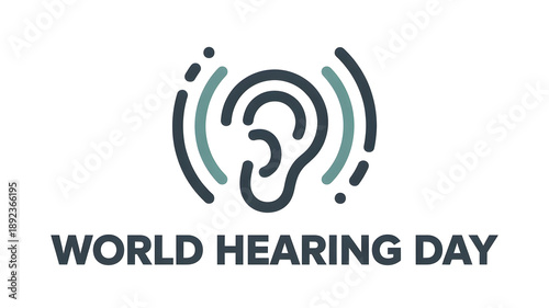 World Hearing Day awareness icon, human ear sound waves illustration. Hearing health medical concept.
