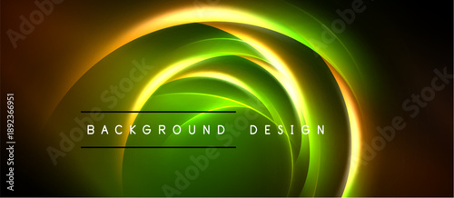 Bright neon curves create abstract design. Green, yellow, orange hues blend into dark background. Text reads background design.