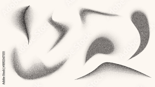 Abstract grain texture elements, flowing wave gradients and dynamic dotted pattern. Black and white fluid grain effect with stipple sand dots and smooth airbrush fade strokes