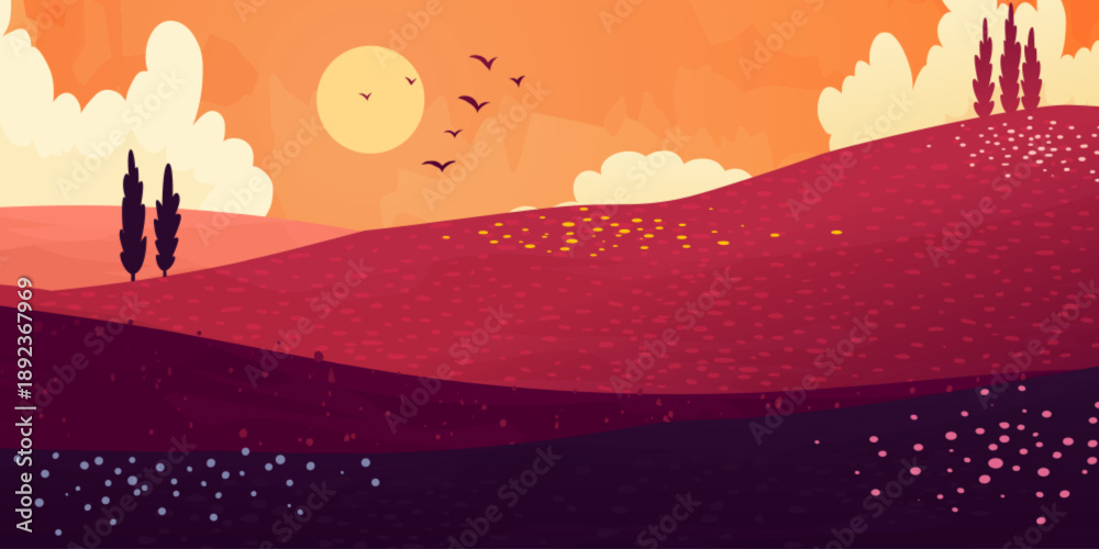 Obraz premium Autumn mountain valley or meadow, rolling hills under sunset sky, vector illustration. Natural fall season landscape in evening, background with dried orange grass fields,downing sun and flying birds