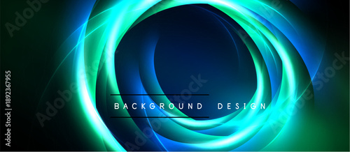 Abstract circular design. Vibrant blue, green hues create glowing effect. Dark background emphasizes luminous layers, modern aesthetic.