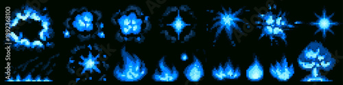 Retro 8-bit pixel explosion with vibrant blue fire effect isolated on black bg. Vector illustrations of classic arcade game design, vintage computer animation, nostalgic video game blast icons.
