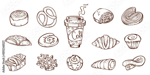 Sketch bakery doodle icons isolated on white background. Vector illustrations of fresh take away coffee, cinnabon, pretzel, croissant and waffle, whimsical hand drawn design element for breakfast menu