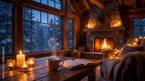 Warm drink and open book by the fire in cozy cabin during snowy evening