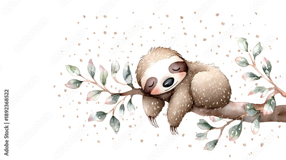 Fototapeta premium Watercolor Illustration Cute Baby Sloth Sleeping on Tree Branch Watercolor Illustration. Whimsical Nursery Art and Wildlife Concept. Sleeping sloth on a tree branch with a celestial pastel background