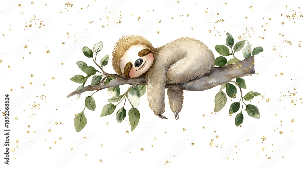 Obraz premium Watercolor Illustration Cute Baby Sloth Sleeping on Tree Branch Watercolor Illustration. Whimsical Nursery Art and Wildlife Concept. Sleeping sloth on a tree branch with a celestial pastel background