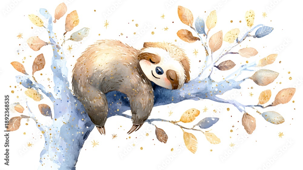 Obraz premium Watercolor Illustration Cute Baby Sloth Sleeping on Tree Branch Watercolor Illustration. Whimsical Nursery Art and Wildlife Concept. Sleeping sloth on a tree branch with a celestial pastel background