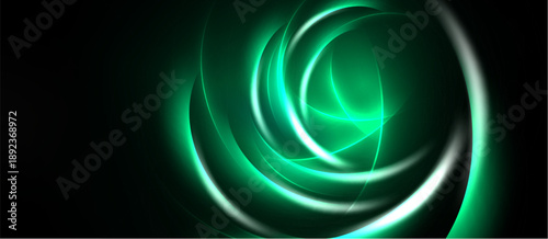 Abstract swirls, vibrant green hues, dark background. Dynamic energy radiates from central glowing form. Smooth curves create captivating visual effect.