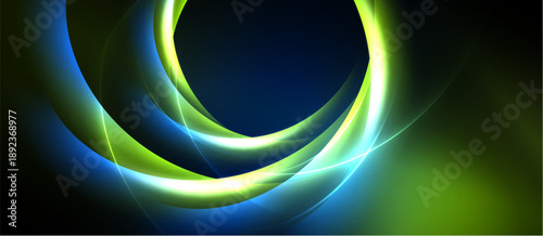 Abstract neon swirls, vibrant green, blue hues dominate dark background. Circular shapes create dynamic visual effect.