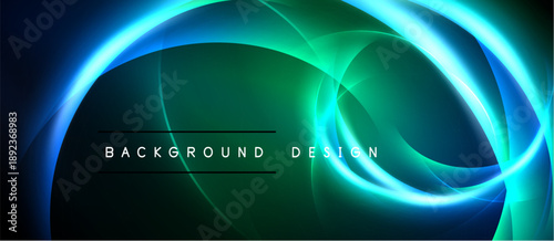 Abstract design features vibrant blue, green curves. Dark background enhances luminosity, creating dynamic visual effect. Text reads background design.