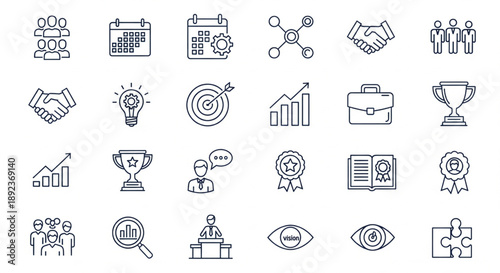 set of icons, Business Teamwork and Leadership Line Icons Set