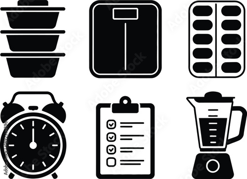 A collection of black and white icons for health and wellness.