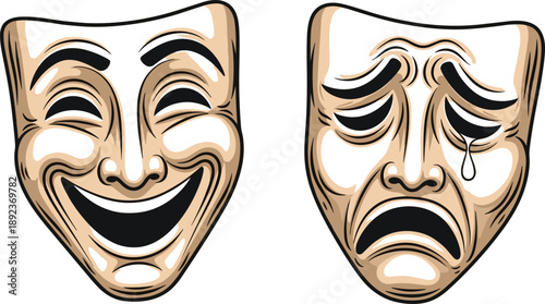 Comedy and tragedy masks, theatrical emotion symbols, drama vector icons, classic stage expressions, sorrow and joy illustration, performance art graphics
