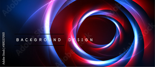 Abstract neon circles, vibrant blue, red hues. Dynamic swirls create futuristic background design. Smooth gradients, dark space.