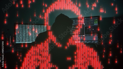 Cyber hacker silhouette with binary code and computer screens