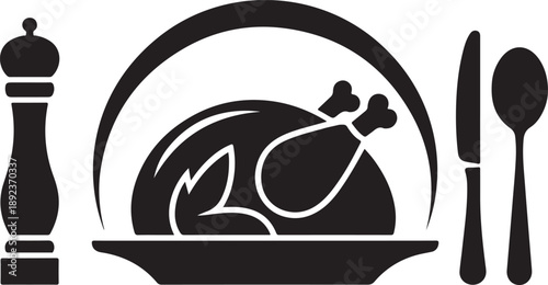 Roasted chicken dinner with cutlery and pepper grinder, festive meal and dining set, holiday feast centerpiece