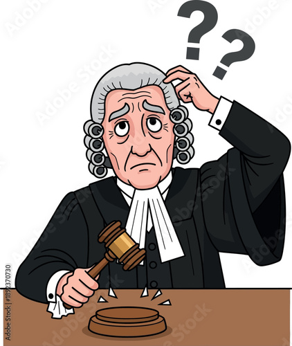 Confused judge with wig and robe holding a gavel, questioning