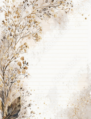 Elegant botanical design features golden foliage elements framing soft white lined stationery paper