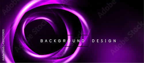 Abstract purple swirls create dynamic background. Concentric lines radiate from center, forming elegant design. Dark backdrop enhances luminosity.
