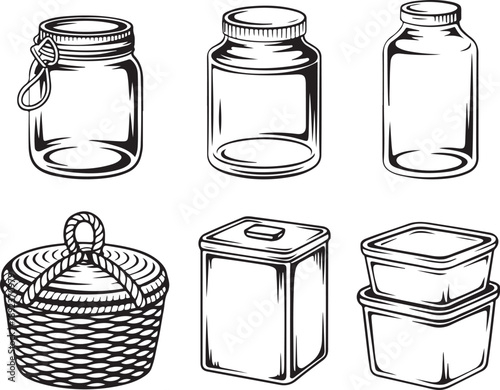 Set of empty glass jars and containers with lids basket and tin can for storage and preserving food or goods