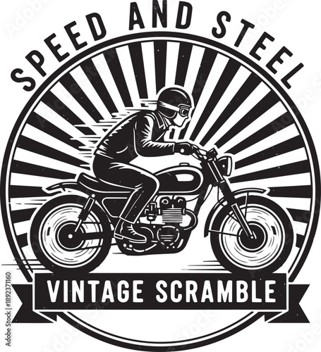 Vintage motorcycle rider in action, speeding through a dynamic scramble scene