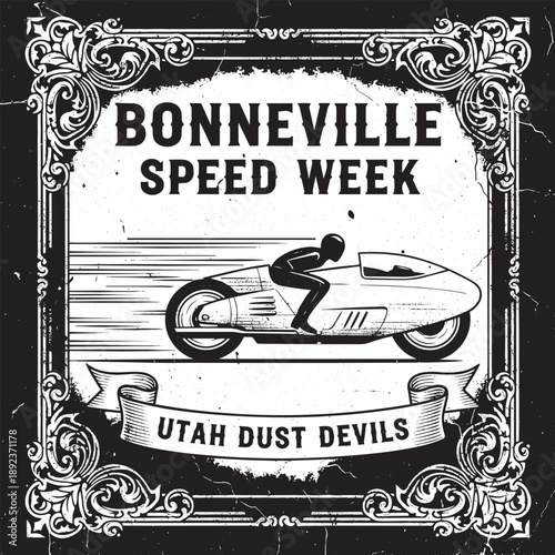 Racing motorcycle illustration with rider in action, Bonneville Speed Week event, Utah Dust Devils team, vector graphics, ornate frame