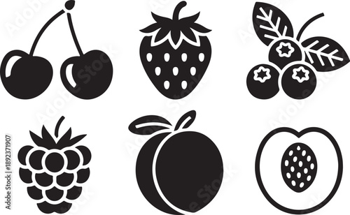 Set of black silhouette icons of fresh berries and fruits isolated on transparent background