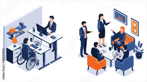 Isometric Modern Office Illustration with Diverse Employees, Technology and Teamwork..eps