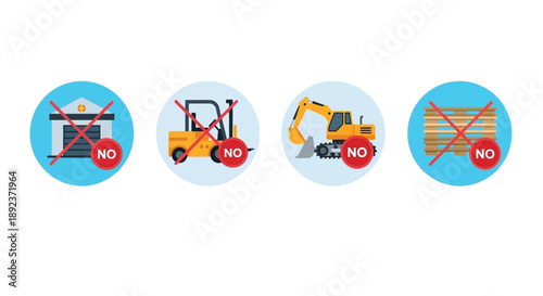 Graphic representation displaying four prohibited items including a warehouse forklift excavator and wooden pallet marked with red no symbols for restrictions