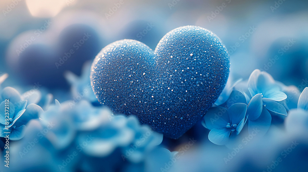 Fototapeta premium A blue heart covered with small droplets and glitter lies among delicate blue flowers on a soft, blurred background.