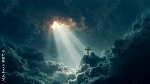 Wallpaper Mural Dramatic religious scene with cross illuminated by heavenly light breaking through dark clouds symbolizing faith hope redemption salvation and spiritual awakening Torontodigital.ca