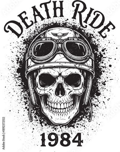 A black and white illustration of a skull wearing a helmet and goggles, symbolizing a death ride, with the year 1984 inscribed below, graphic design element.