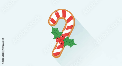 Festive candy cane cookie adorned with holly and berries