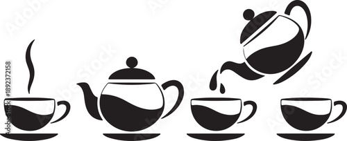 Set of black silhouettes of teapots and cups illustrating tea pouring and serving with steam rising on transparent background