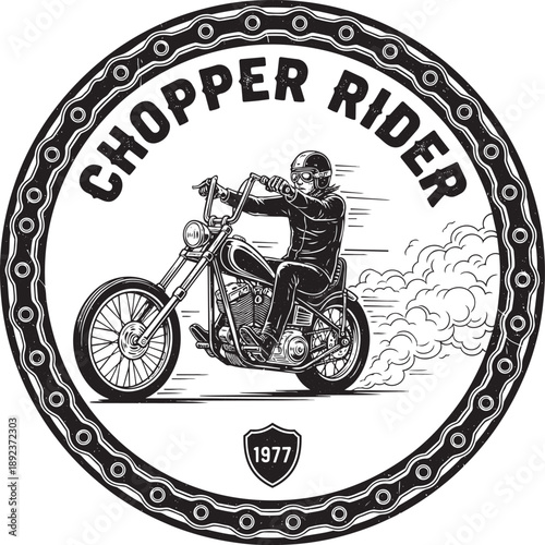 Vintage Chopper Rider Illustration on Circular Emblem with Rider and Bike in Action