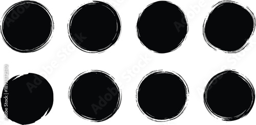 Set Of Eight Grunge Black Circles With Rough Edges On White Background Keywords: circle, grunge, rough, brush, stroke, ink, paint