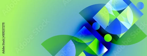 Abstract geometric shapes overlap, creating vibrant blue, green gradients. Modern design suggests technology, innovation, energy.